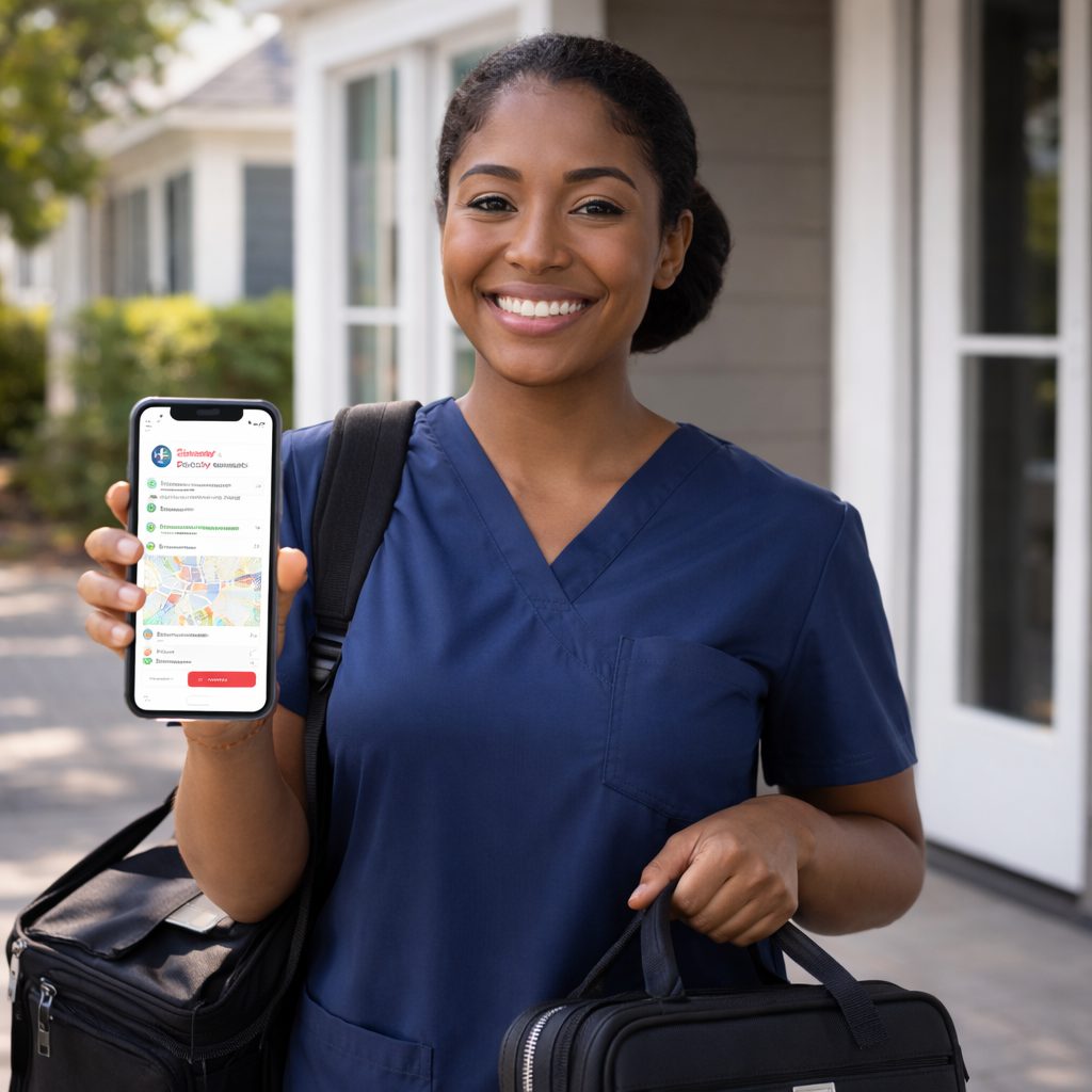 Mobile phlebotomist using the Speedy Sticks app to manage at-home blood draw jobs