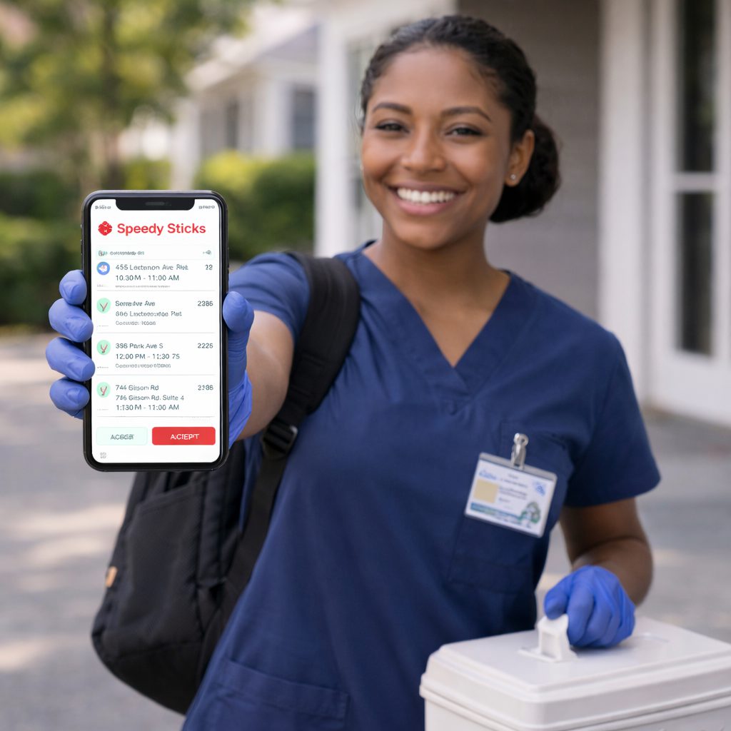 Mobile phlebotomist using the Speedy Sticks app to manage at-home blood draw appointments