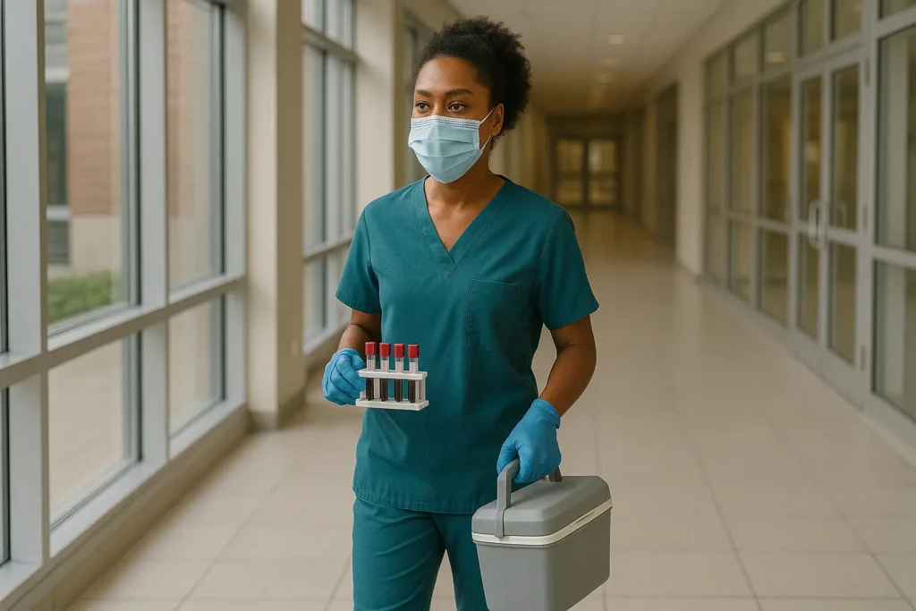Mobile phlebotomist transporting blood specimens for laboratory processing