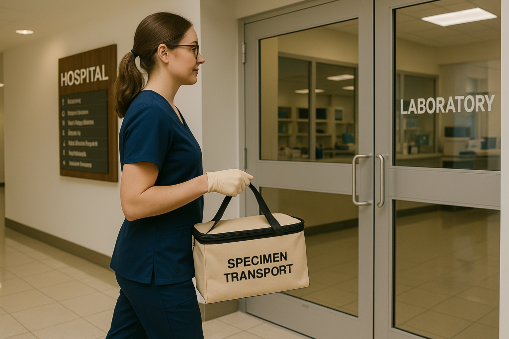 Female phlebotomist in navy scrubs walking through a hospital hallway carrying a beige specimen transport bag toward a laboratory.