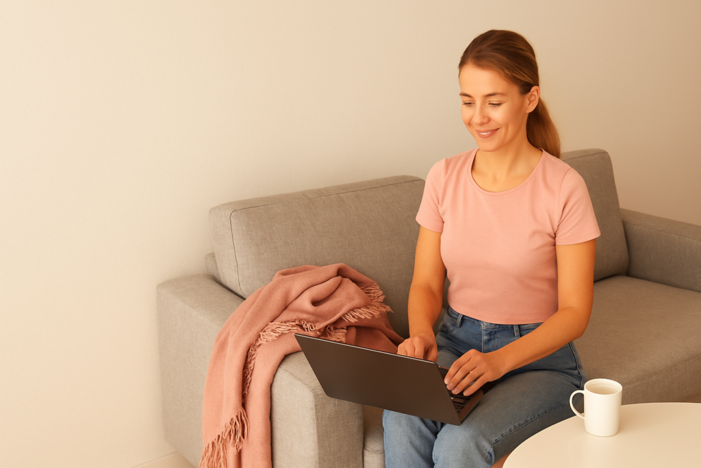 Smiling woman sitting on a couch using her laptop to book a mobile phlebotomy appointment in a cozy, sunlit living room.