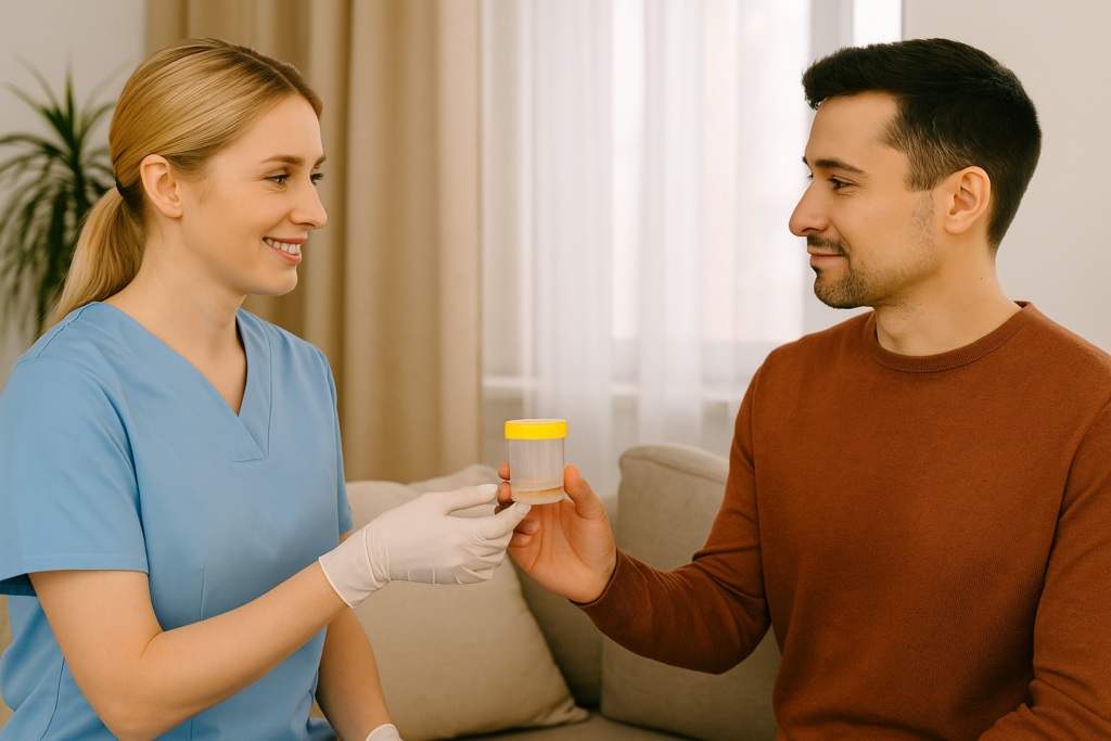 Gloved healthcare professional handing a urine sample container to a patient during an at-home drug test collection.