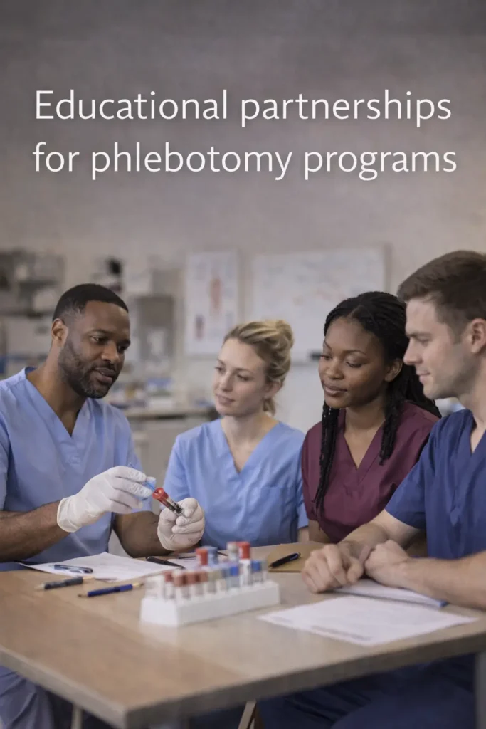 Phlebotomy instructor teaching blood collection techniques to students during a classroom training session.